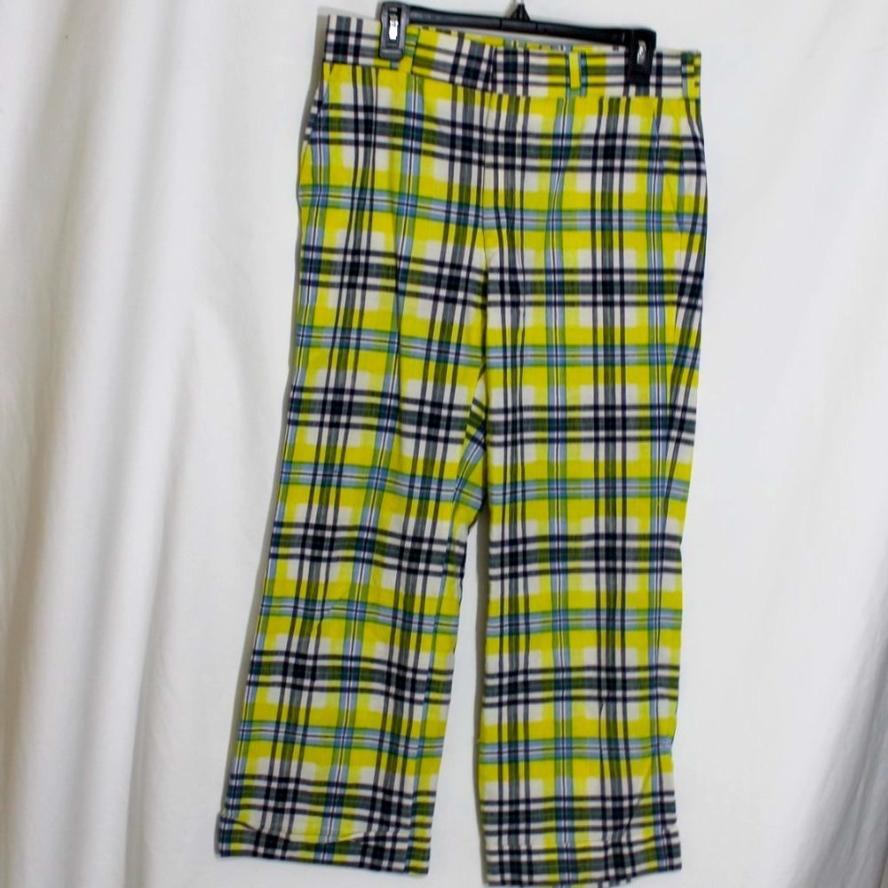 Yellow, Blue and White Plaid Casual Cropped Pants Size 12 Pockets Flat Front